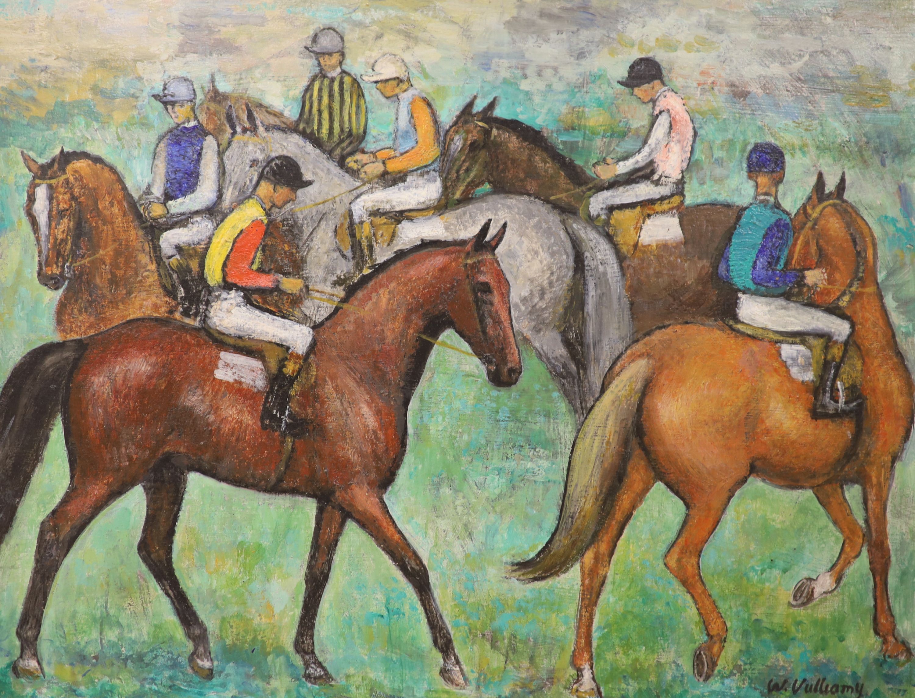 W. Vulliamy, oil on board, Jockey's before the start, signed, 1966 Paris Salon labels verso, 34 x 45cm